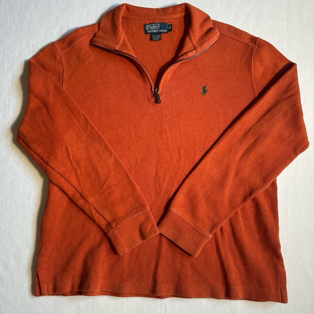 Polo Ralph Lauren Mens Medium Quarter Zip Sweater Orange Pullover Cotton Pony